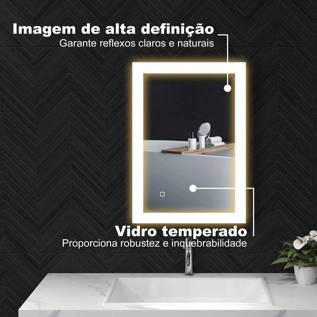 Espelho Casa de Banho com Luz LED 70x50 cm Iluminação Ajustável Função Anti-Embaciamento Função Memória Preto