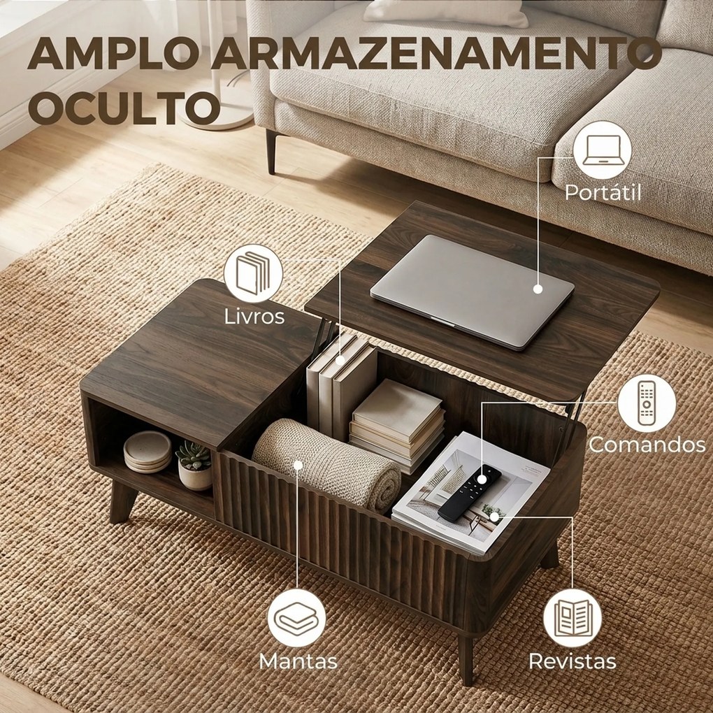 Mesa de Centro Elevatória 100x48x41 cm com Compartimento Oculto e Prateleiras Abertas 100x48x41-56 cm Cor Nogueira