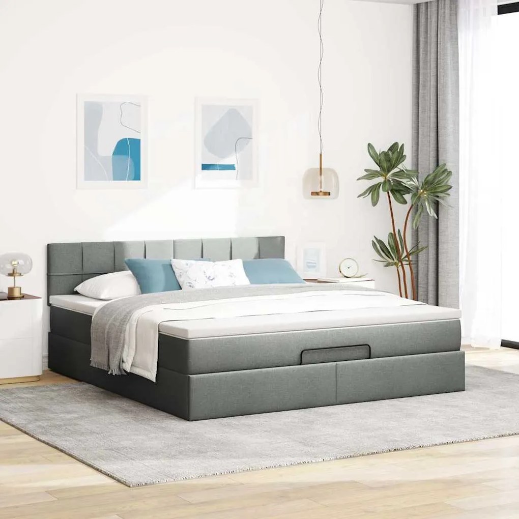 Estrutura de cama otomana com colchão tecido cinzento escuro