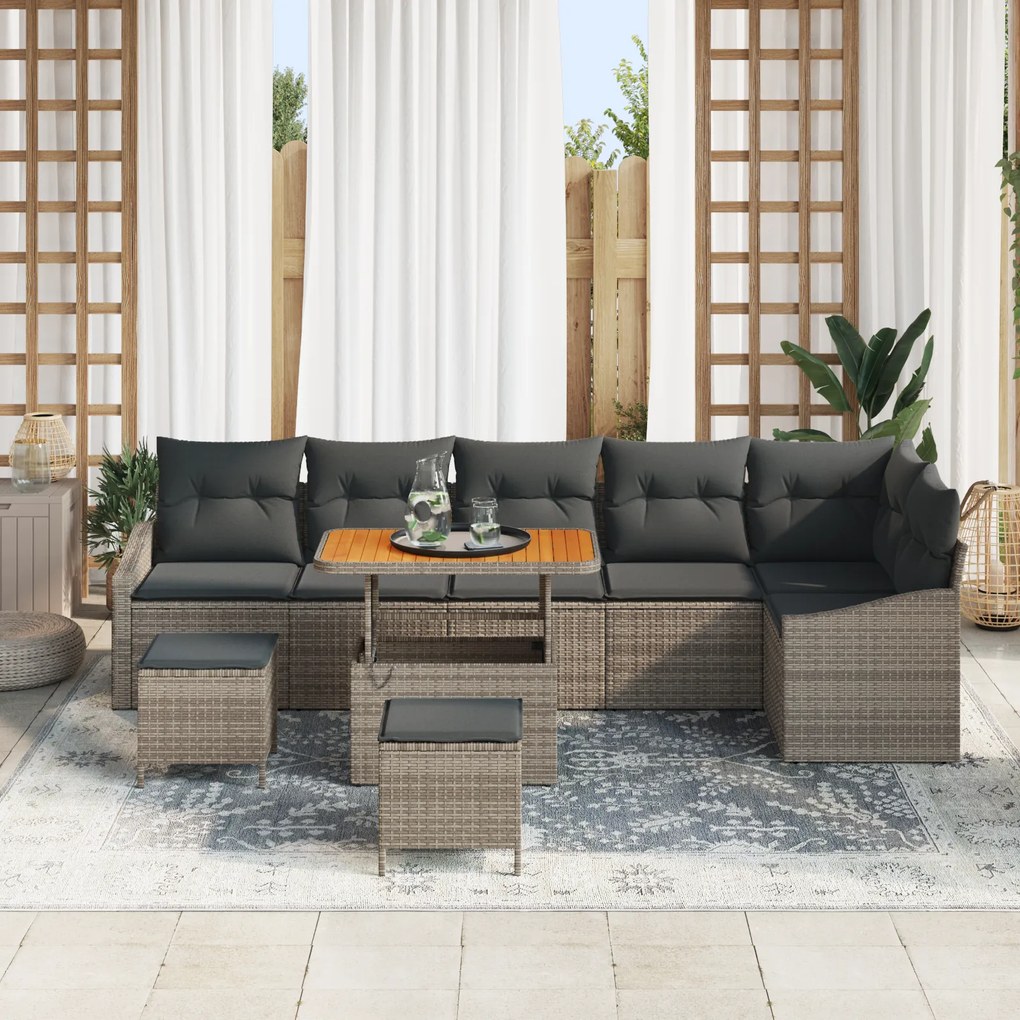 Conjunto de Sofá de Jardim vidaXL de 9 peças com Almofadas Cinza Ratta