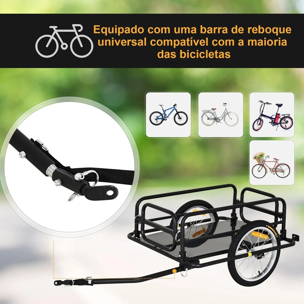 Reboque de bicicleta dobrável para carregamento de bagagem de 40kg com estrutura de aço leve e refletores 139x71,5x49 cm Preto