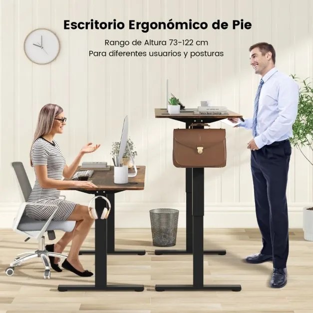 Secretária de pé eléctrica com 3 posições de altura ajustáveis com memória 2 ganchos para escritório 140 x 60 x 73-122 cm Castanho