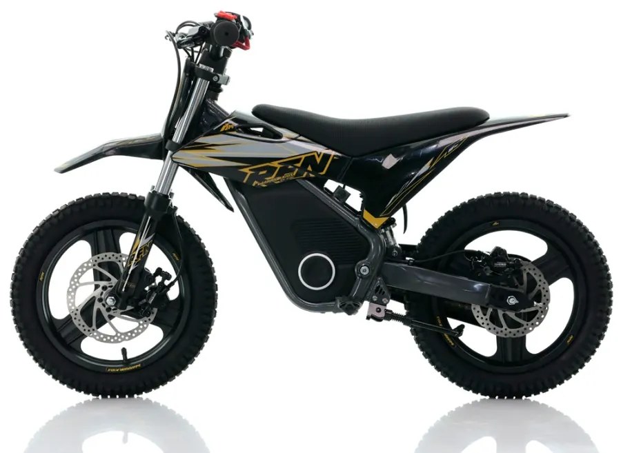 Mini moto elétrica para crianças velocidade até 35Km/h C/Limitador RFN Warrior SX-E500 500W 36V 14/14” Preta e Dourada