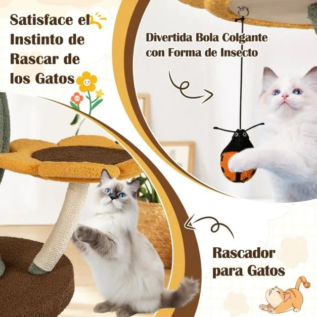 Arranhador para gatos com vários níveis forma girassol com 4 plataformas em forma de flor Postes para arranhar Base amarela