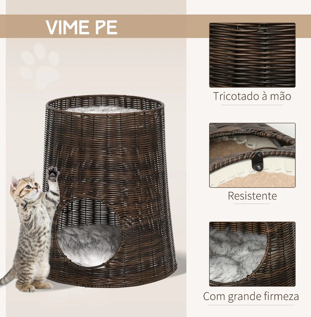 Cesta de Vime para Gatos Cama Caverna de 2 Níveis com Almofadas Laváveis Ø45x50cm Castanho