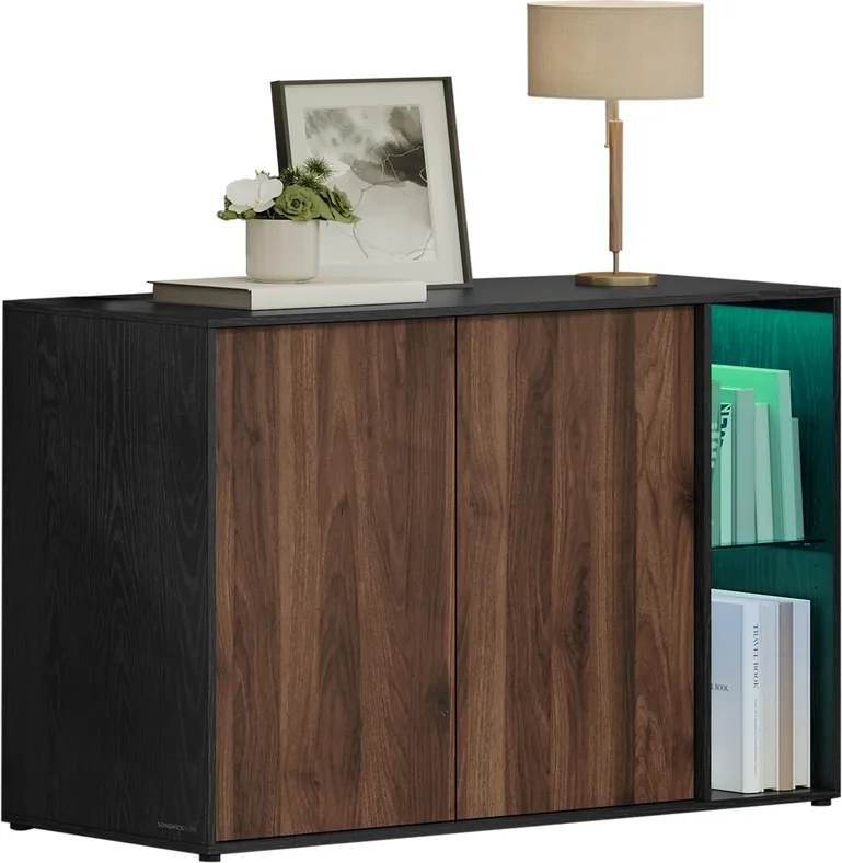 Armário de arrumação 39,1 x 100,1 x 71,1 cm com iluminação e prateleira de vidro, montagem rápida sem ferramentas Castanho + preto