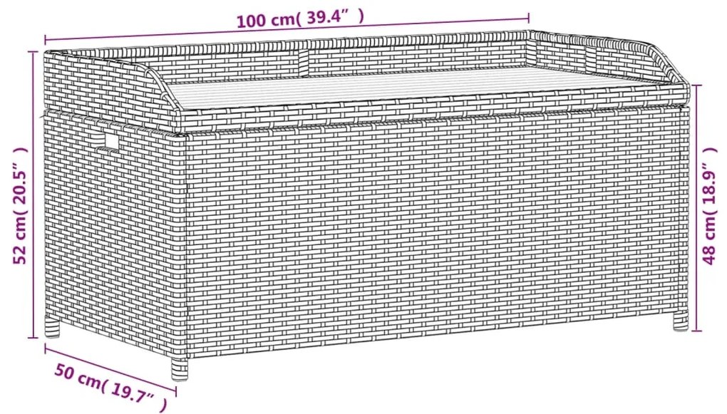 Banco de arrumação 100x50x52 cm vime PE e madeira acácia cinza
