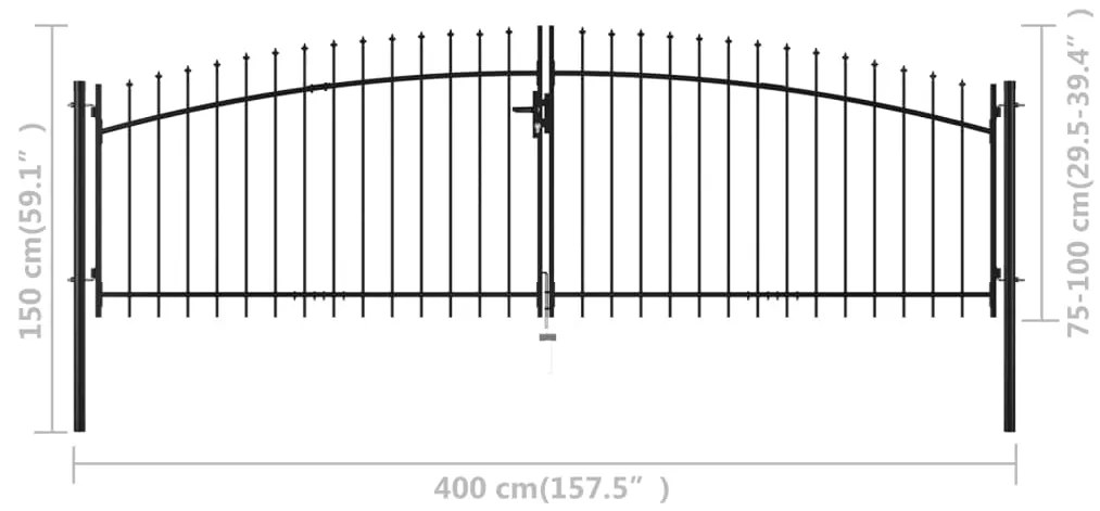 Portão de cerca com porta dupla e topo em lanças 400x150 cm