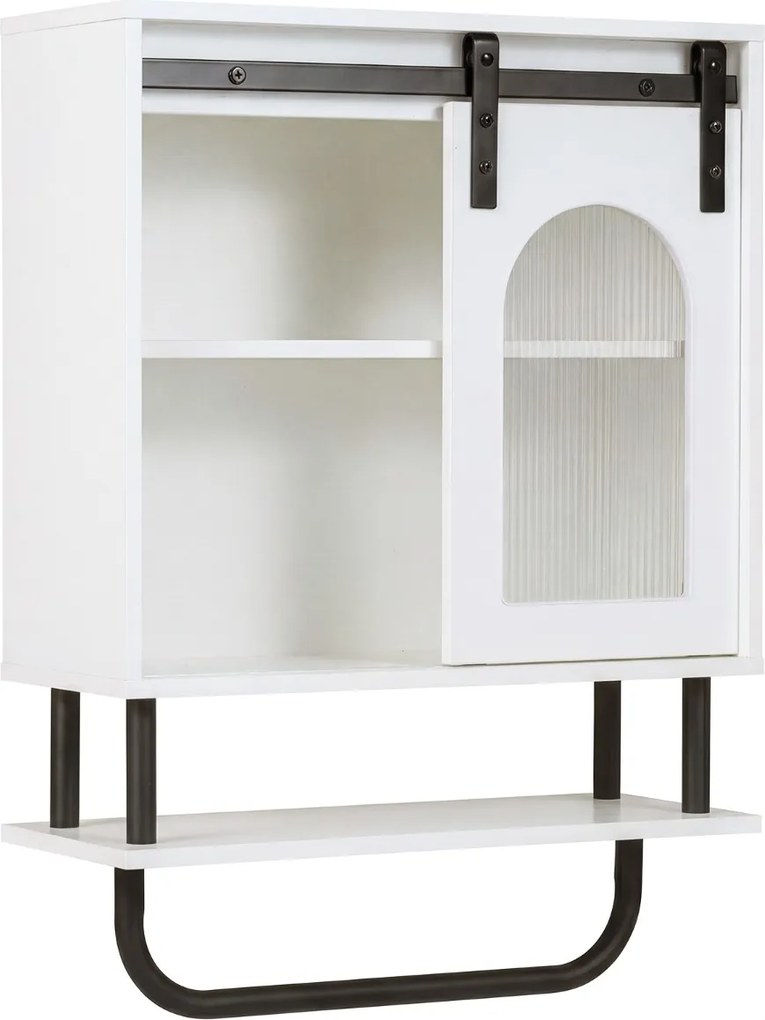 Armário de parede casa de banho 50 x 20 x 70 cm com 3 níveis, porta de correr em vidro e barra metálica Branco