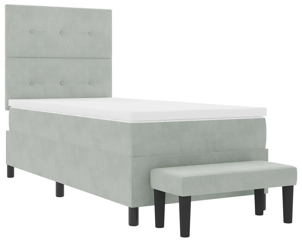 Cama Box Spring com Colchão &amp; Banco Cinza Claro 90x190 cm Veludo