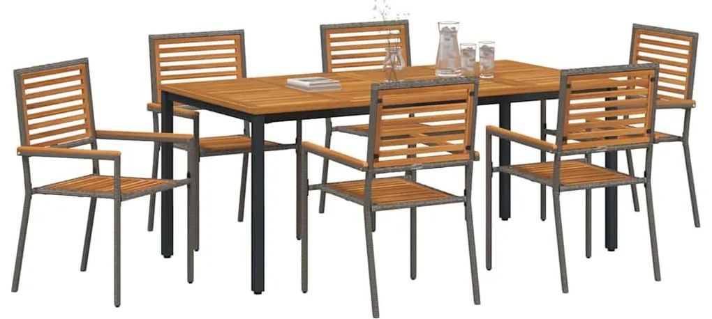 Conjunto de Jantar de Jardim vidaXL 7 Peças Cinza Rattan Acacia
