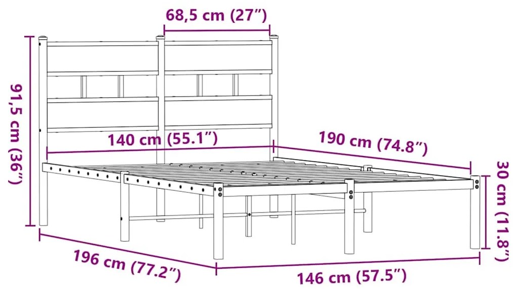 Estrutura de cama sem colchão 140x190 cm metal carvalho fumado