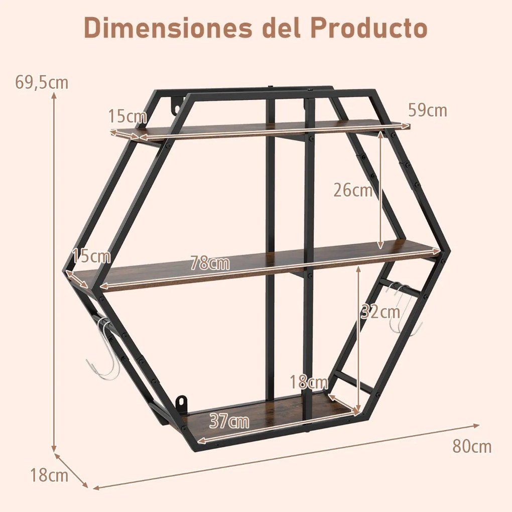 Prateleira hexagonal de parede 80 x 18 x 69,5 cm com 3 níveis flutuantes com ganchos de metal e madeira para quarto, sala de estar, café