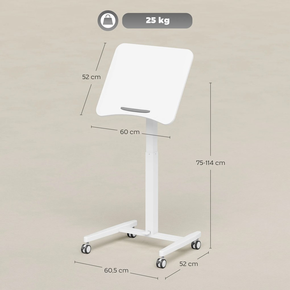 Secretária para trabalhar em pé com altura ajustável 60,5 x 52 x 75-114 cm, tampo inclinável, Rodas e estrutura em aço branco