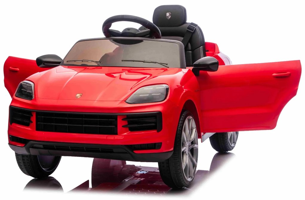 Carro elétrico para crianças Porsche Cayenne 12V com tração traseira – Licença oficial, bateria de lítio, comando remoto 2,4 GHz, leitor MP3, luzes LE