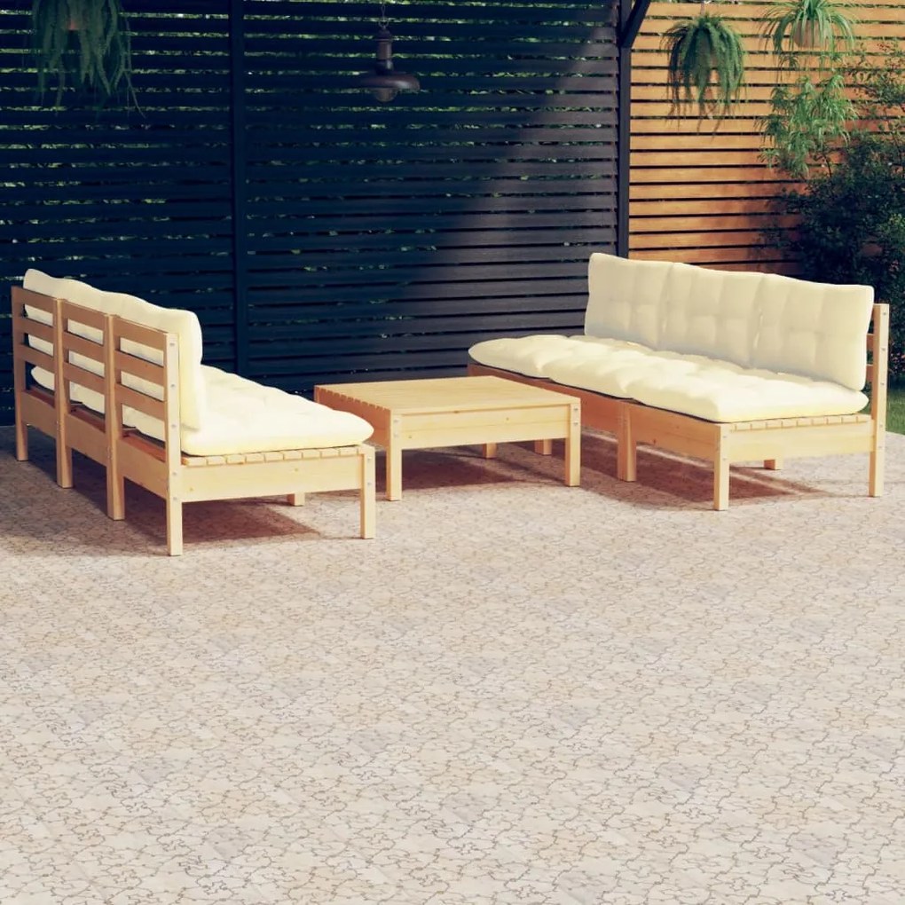 vidaXL 7 pcs conjunto lounge jardim c/ almofadões cor creme pinho