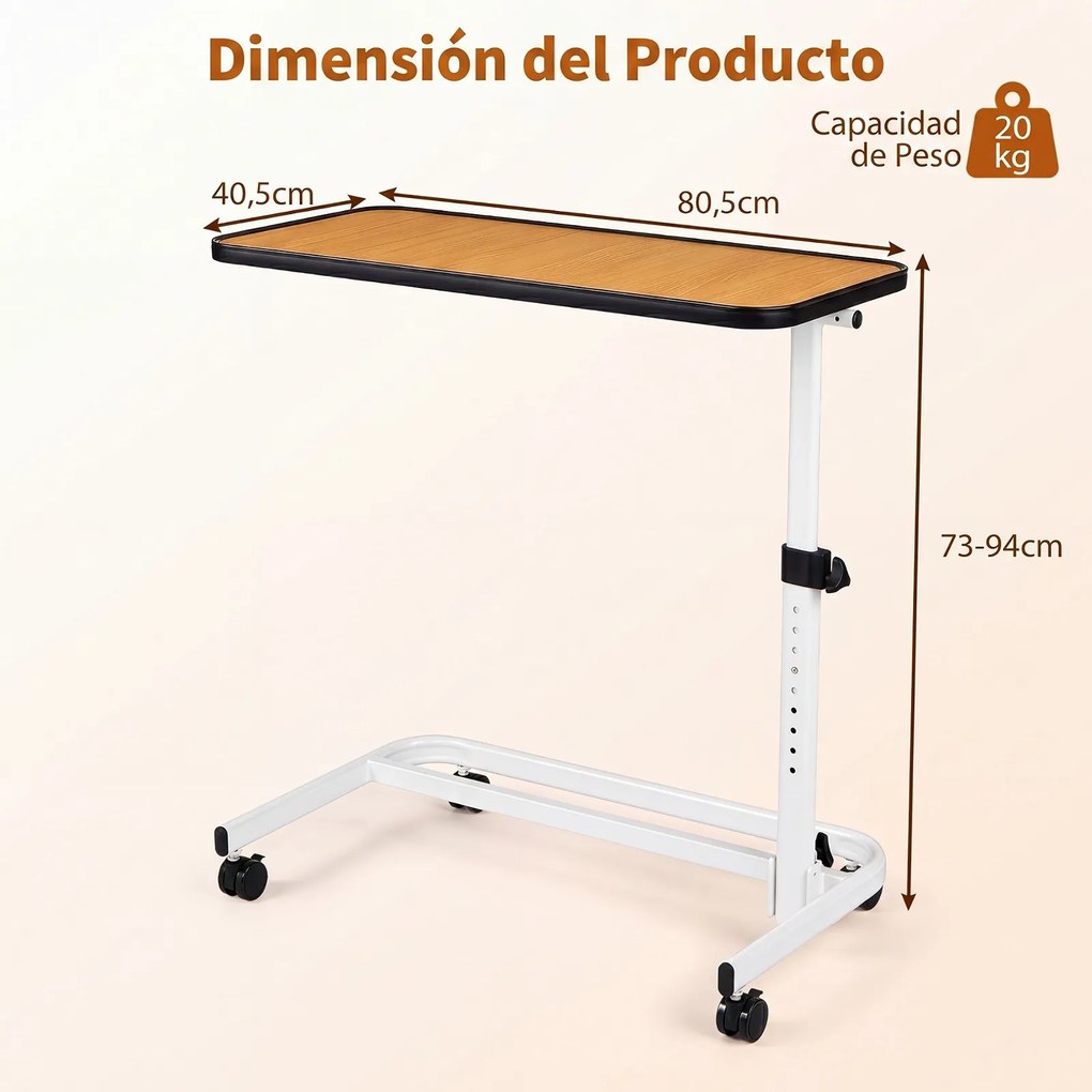 Mesa Auxiliar de Sofá em Forma de C, 80,5 x 40,5 x 73-94 cm, Altura Ajustável em 9 Níveis, Natural+Branco
