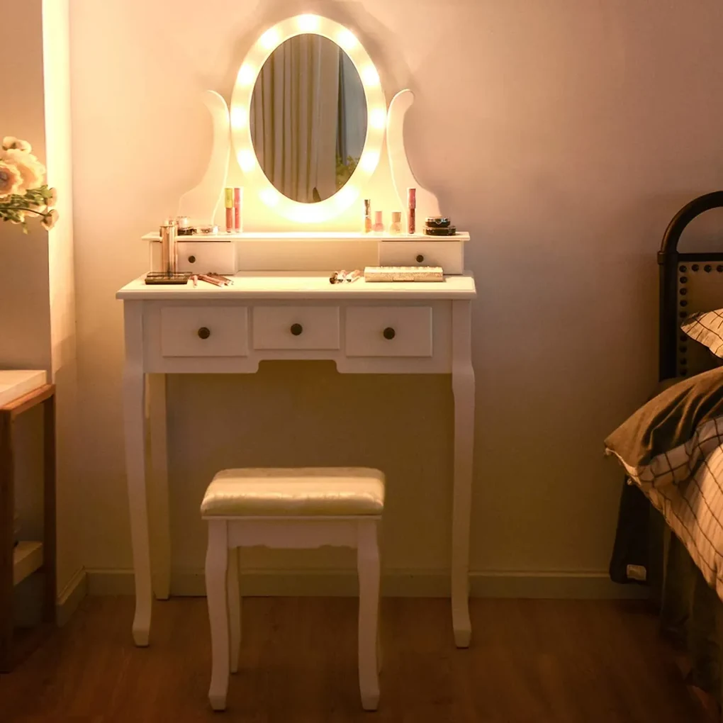 Toucador com Espelho com Luz LED e Banco Conjunto de Mesa de Maquilhagem  com 4 Gavetas de Armazenamento para Dormitório 80x40x133cm Branco