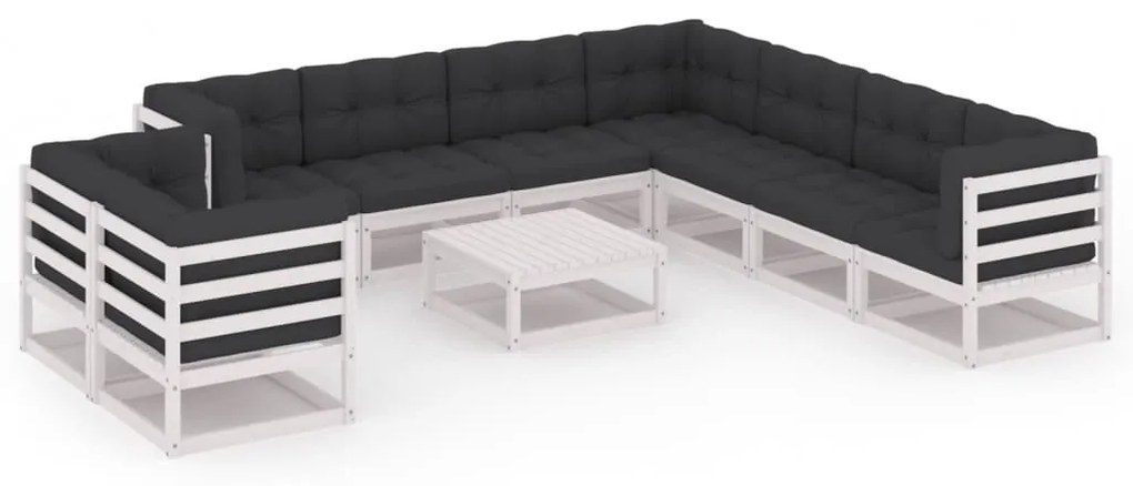 vidaXL 10 pcs conj. lounge de jardim c/ almofadões pinho maciço branco