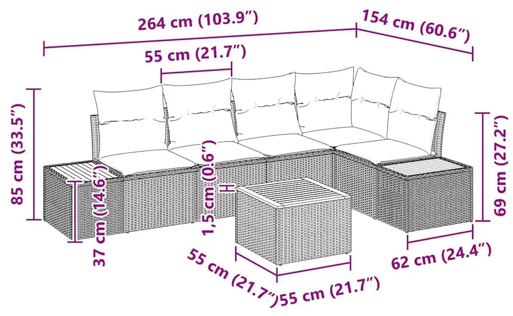 Conjunto de Sofá de Jardim com Almofadas Cinza Rattan Poliéster Acácia