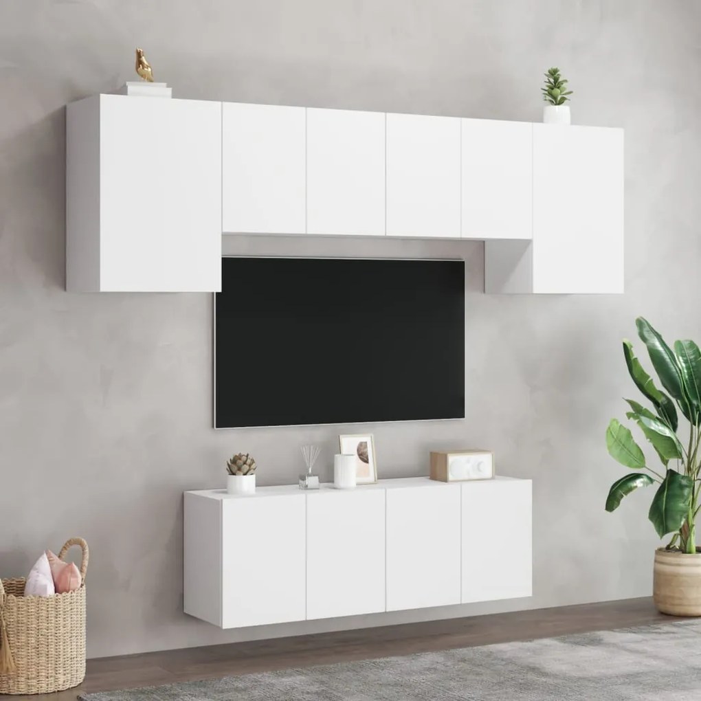 6 pcs móveis de parede p/ TV derivados de madeira branco