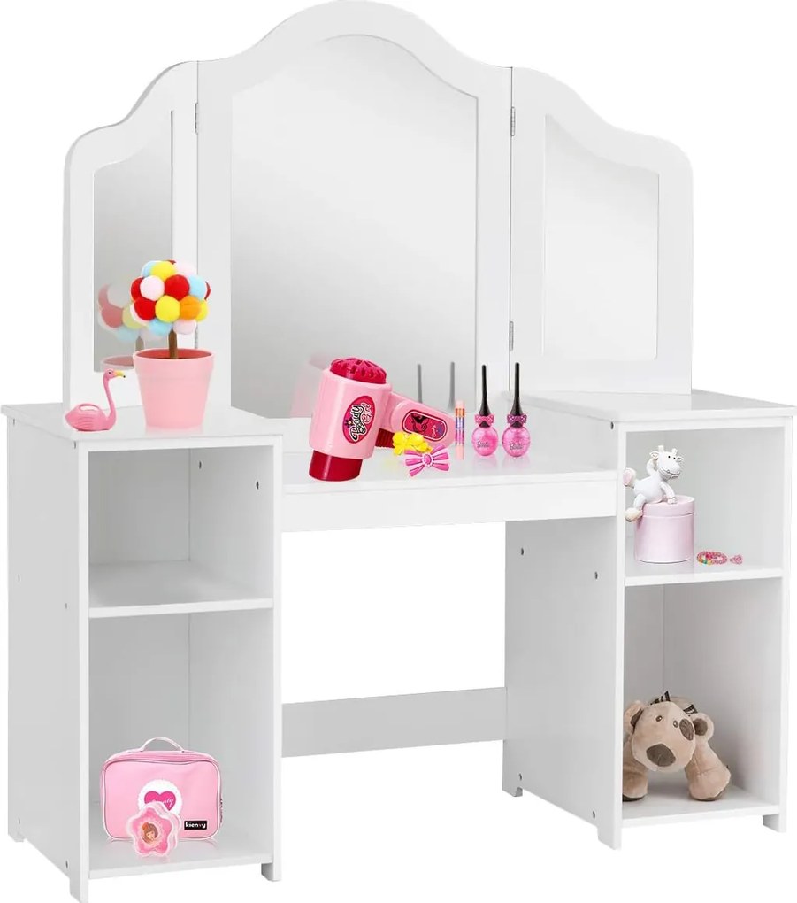 Toucador de brincar 2 em 1 desmontável com mesa de maquilhagem e secretária 4 prateleiras grandes e espelho de 3 painéis para meninas Branco