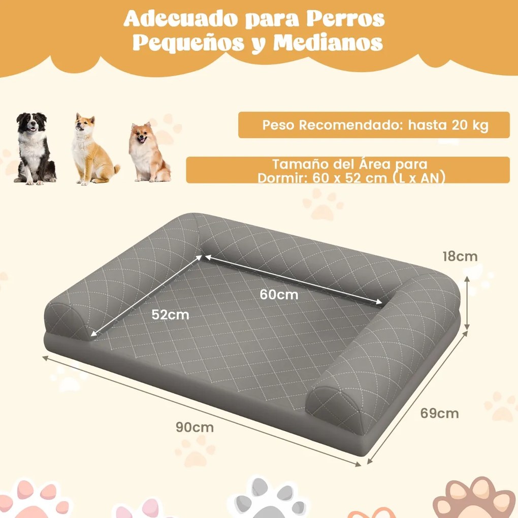 Cama ortopédica para cães  90 x 69 x 18 cm com almofada em 3 lados Capa removível e lavável Base antiderrapante Cinza