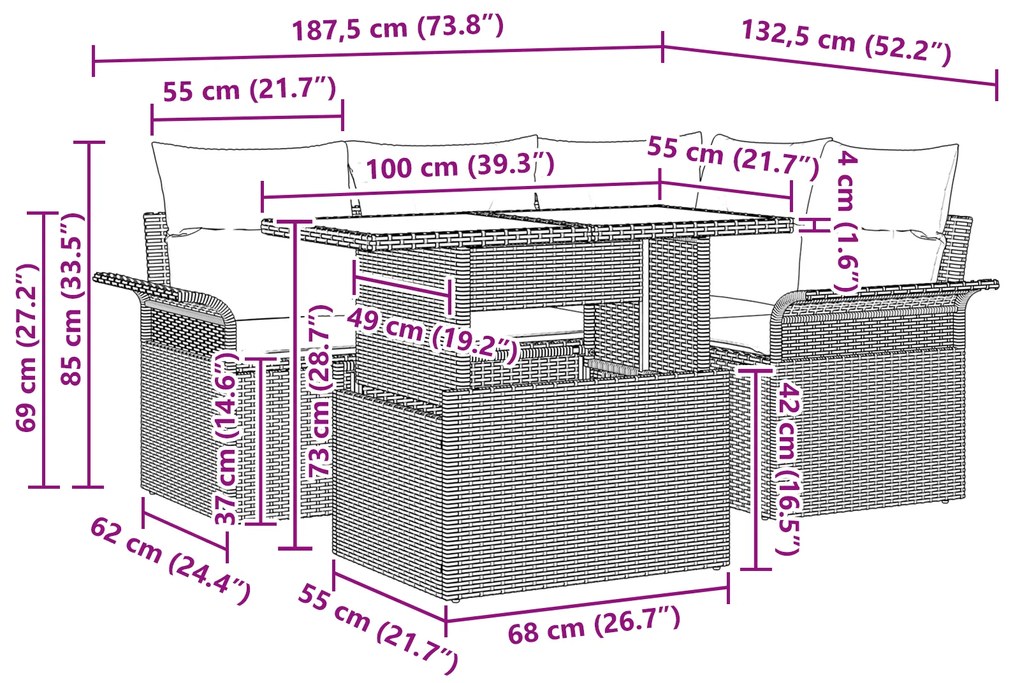 Conjunto de Sofá de Jardim de 5 Peças com Almofadas Preto Vime PE
