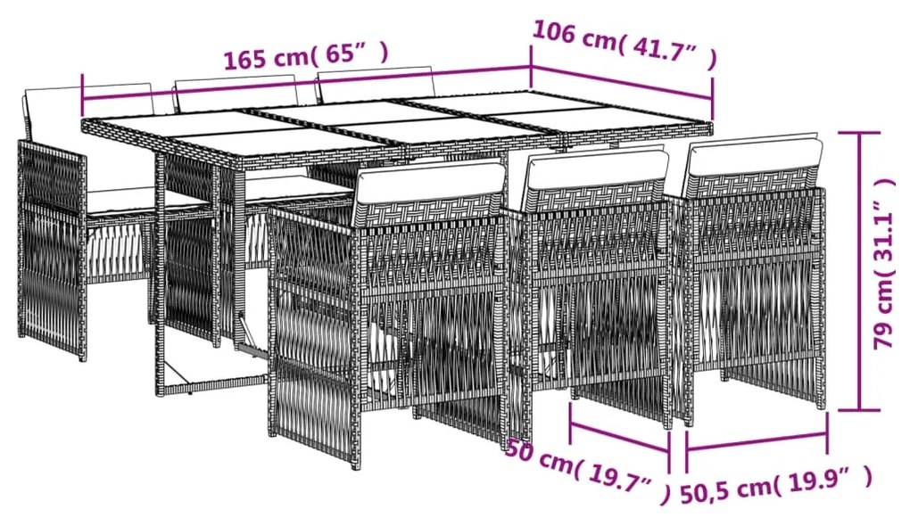 7 pcs conj. jantar p/ jardim c/ almofadões vime PE cinza-claro