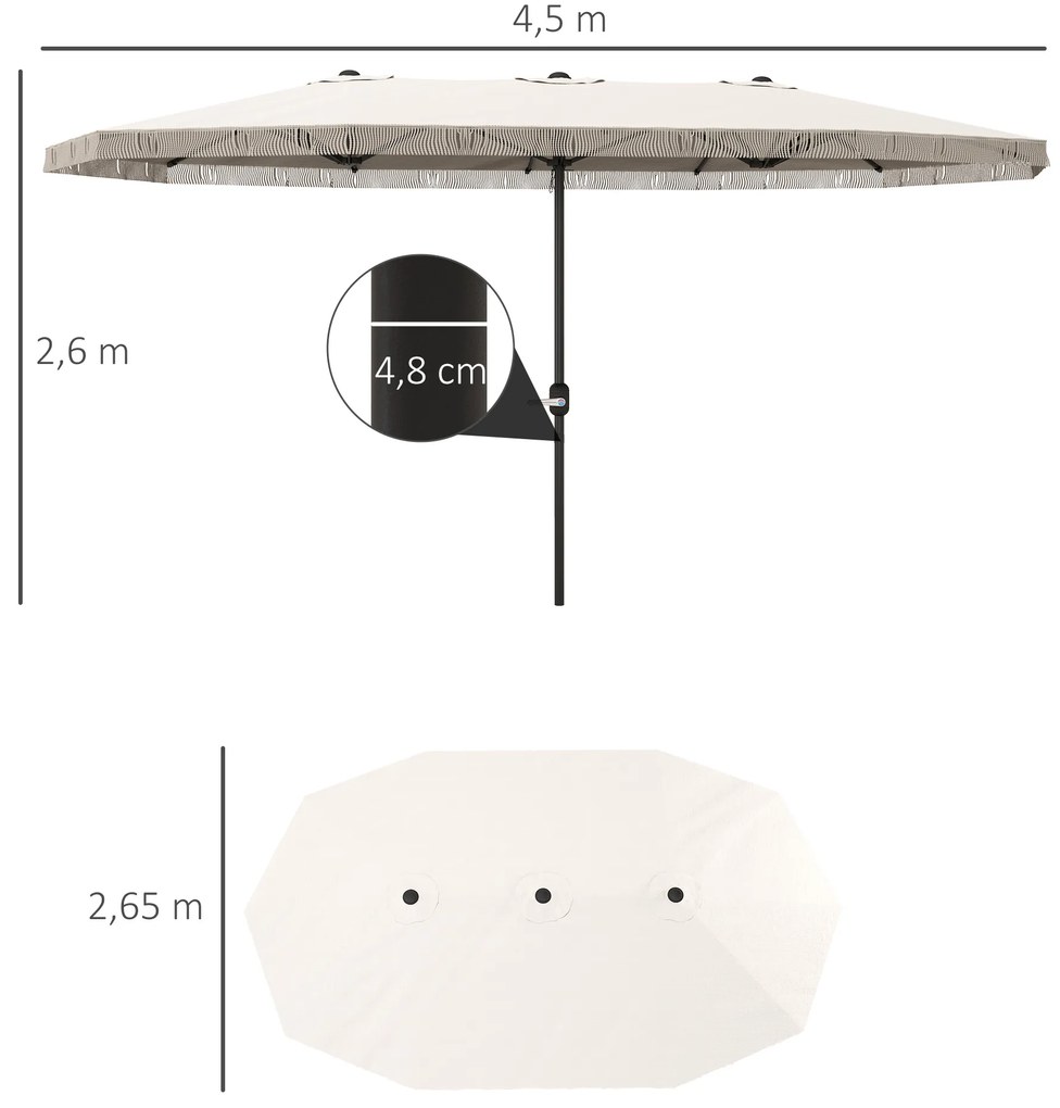 Chapéu de Sol Duplo 4,5x2,65 m com Manivela Manual Resistente a Água e Proteção UV30+ Chapéu de Sol Grande Creme