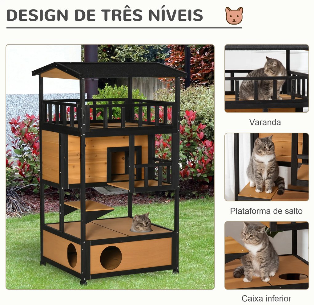 Casa para Gatos de Madeira 75,5x75x137 cm Abrigo para Gatos com Telhado Asfáltico Plataformas e Ninho Natural