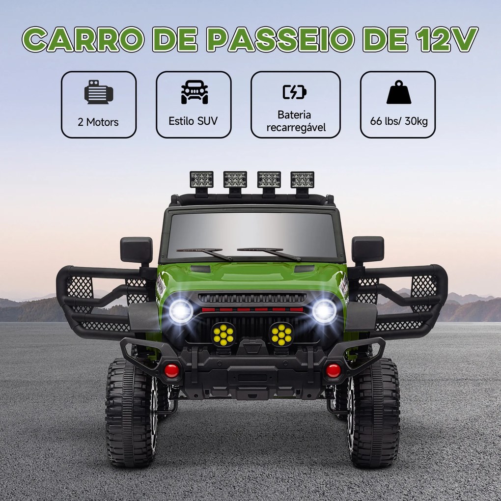 Carro Elétrico para Crianças com Bateria de 12V Controlo Remoto Bluetooth Faróis LED Buzina e Música 100x63x65 cm Verde