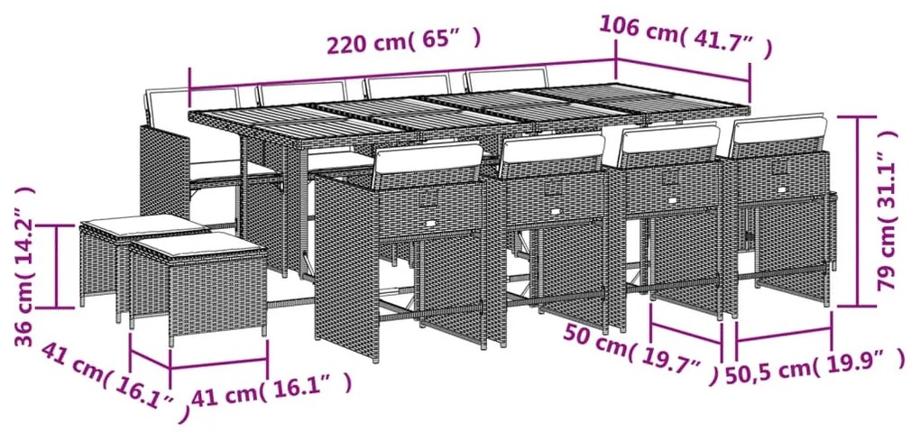 13 pcs conjunto de jantar p/ jardim com almofadões vime PE bege