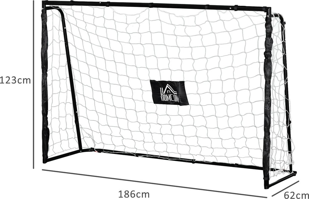 Baliza de futebol com estrutura metálica, rede em PE, estacas e ferramentas incluídas; dim. 186 x 62 x 123 cm; preto e branco
