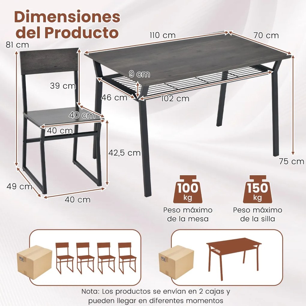 Conjunto de móveis de cozinha de 5 peças com mesa de jantar retangular industrial 4 cadeiras Estante para arrumação e estrutura metálica Cinzento