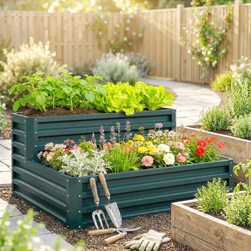 Floreira de jardim com fundo aberto, de 2 níveis, para ervas aromáticas, legumes, frutas e flores, 120 x 101 x 58 cm, verde