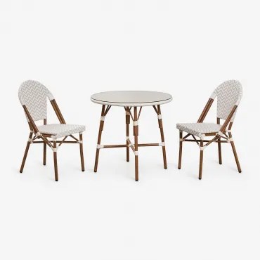 Conjunto De Mesa Redonda Brielle Bistro (80 Cm De Diâmetro) E Duas Cadeiras De Jardim Empilháveis De Alumínio Nude Beige - Gardénia Branco - Sklum