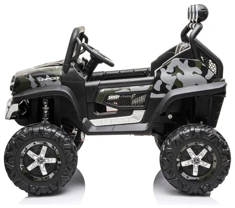 Carro elétrico para crianças Mercedes Unimog 12v, pneus de borracha, assento de couro camuflado