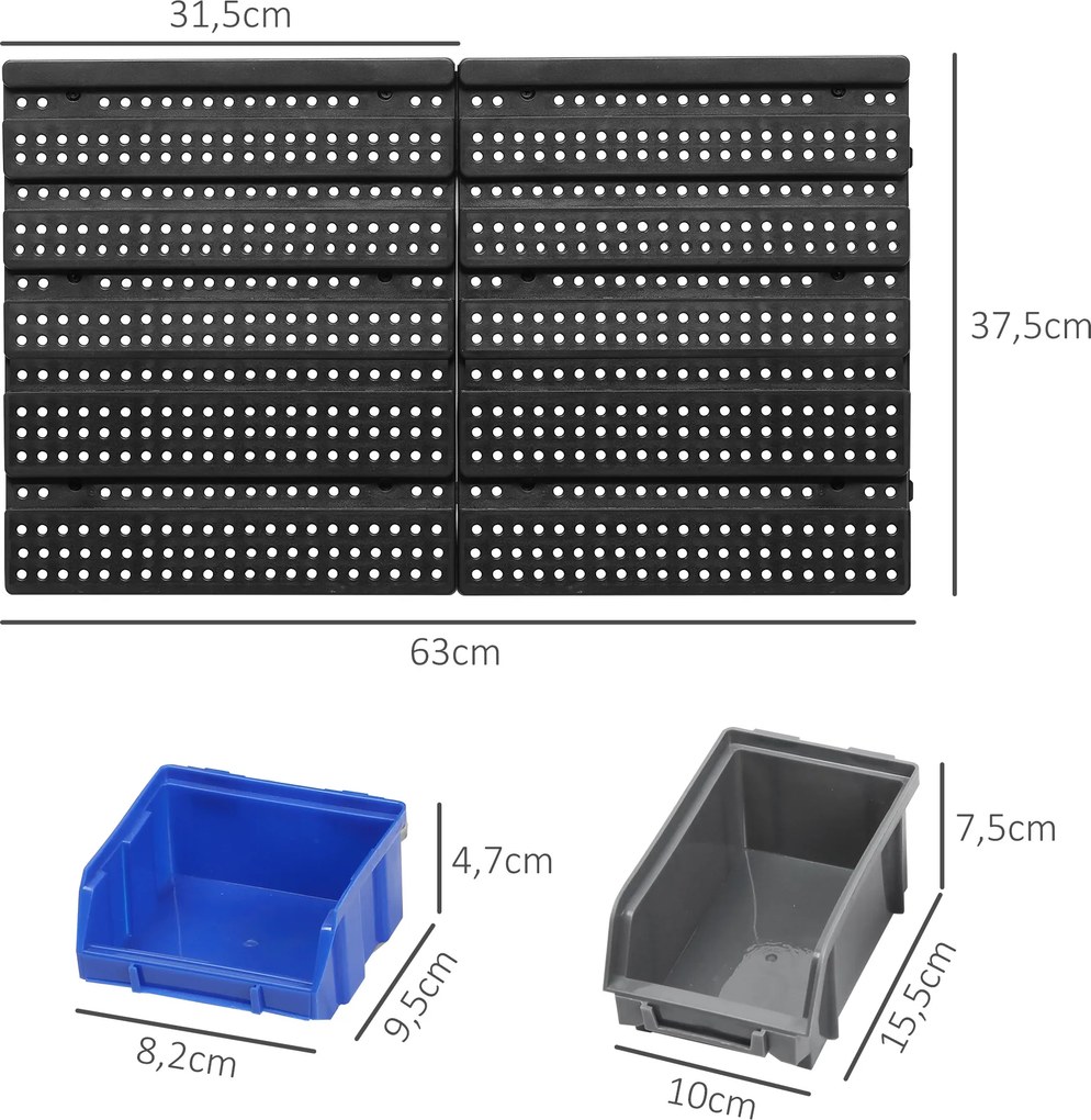 Organizador de Ferragens para Parede com 30 Caixas de 2 Tamanhos Diferentes 63x18x37,5 cm Azul e Cinza