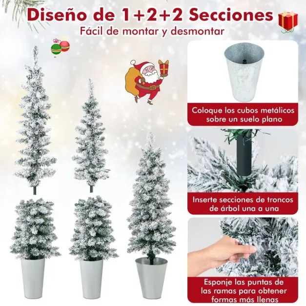 Conjunto de 3 árvores de Natal artificiais com neve e barris de metal cheios de cimento