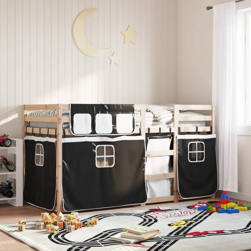 vidaXL Beliche com cortinas 80x200 cm pinho maciço branco e preto