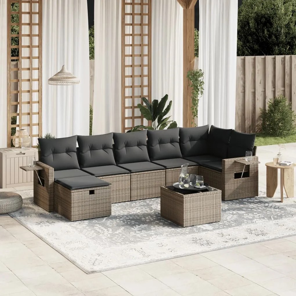8 pcs conjunto sofás de jardim c/ almofadões vime PE cinzento