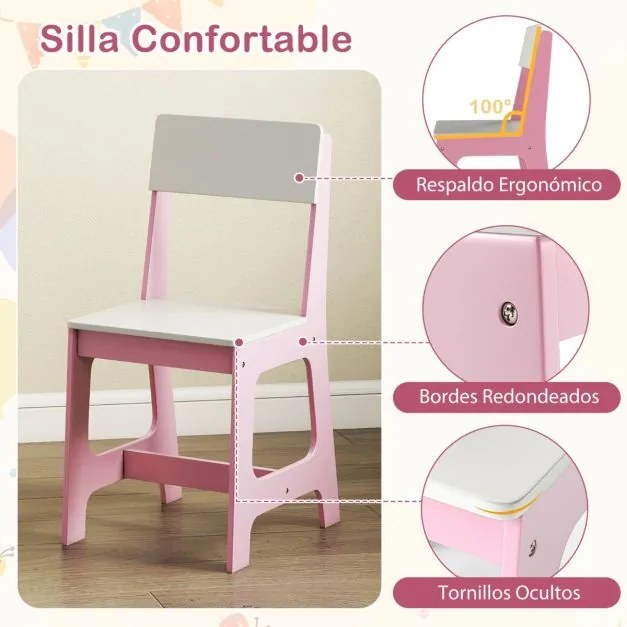 Conjunto de secretaria e cadeira infantil com estante, gaveta, armário, quadro de cortiça e banco com encosto inclinado 109,5 x 48 x 100,5 cm Rosa