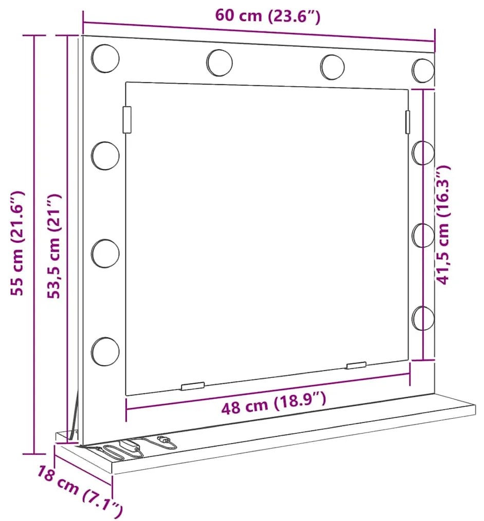 Espelho de vaidade com luzes de LED Madeira Antiga 60x55x18 cm
