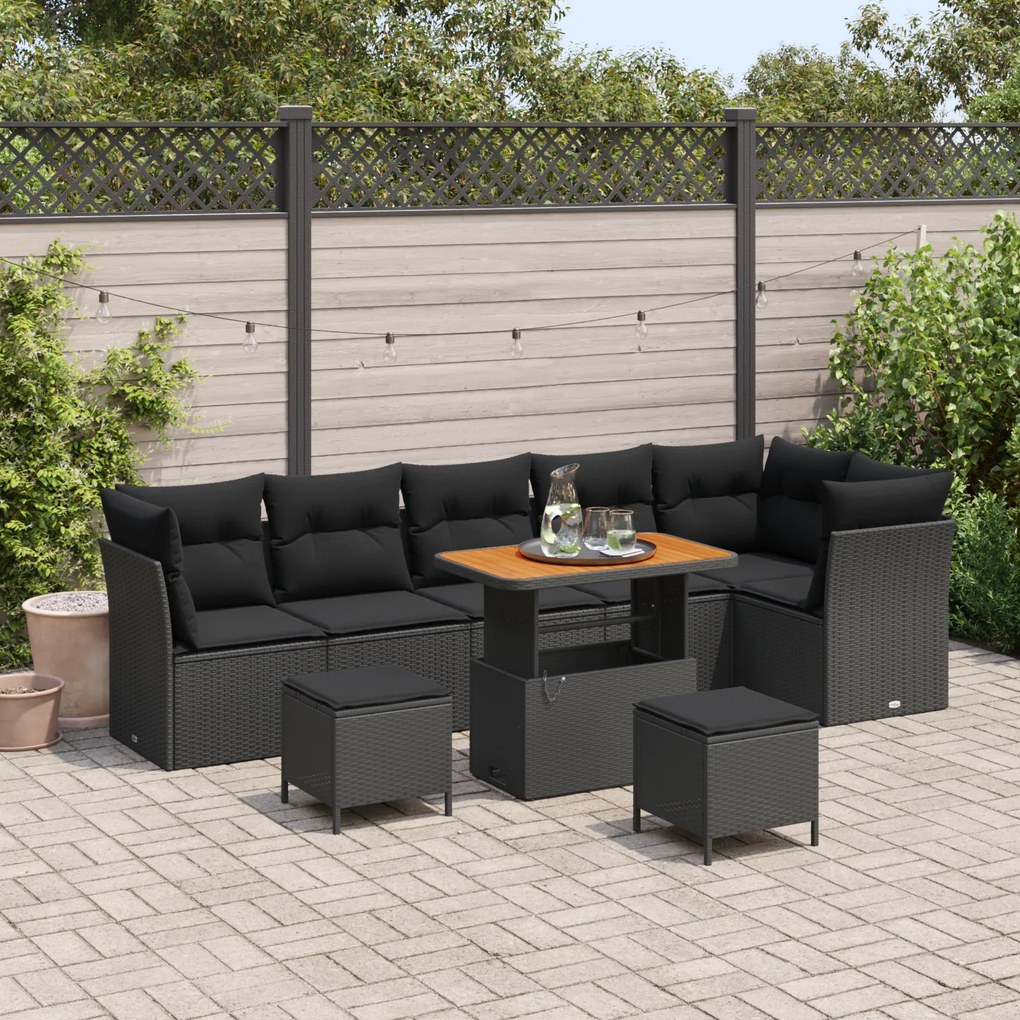 Conjunto de Sofá de Jardim vidaXL 9 Peças com Almofadas Preto Rattan S