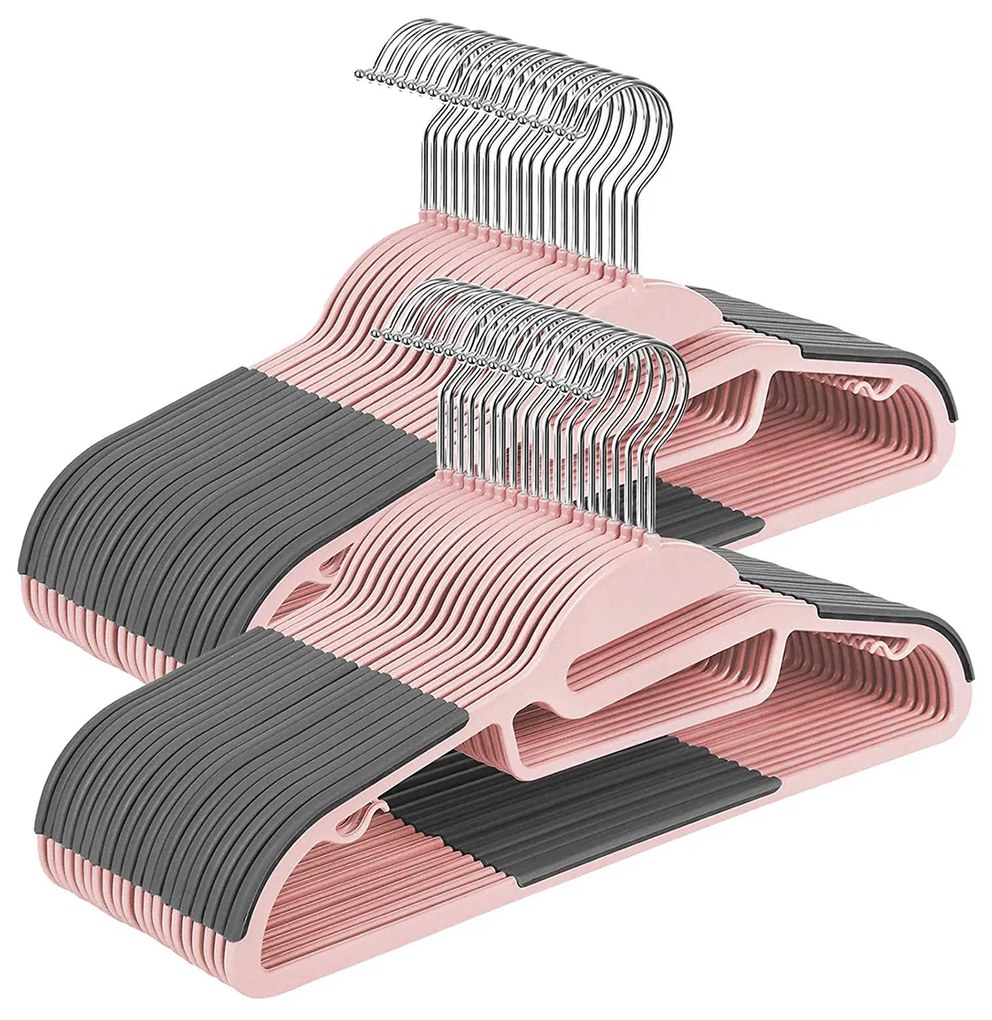 Pacote com 50 cabides SONGMICS, cabides de plástico de alta qualidade para ternos, resistentes, abertura em S, antiderrapantes, duráveis, 0,5 cm de espessura, economizam espaço, gancho giratório 360º, rosa e cinza escuro CRP041P02