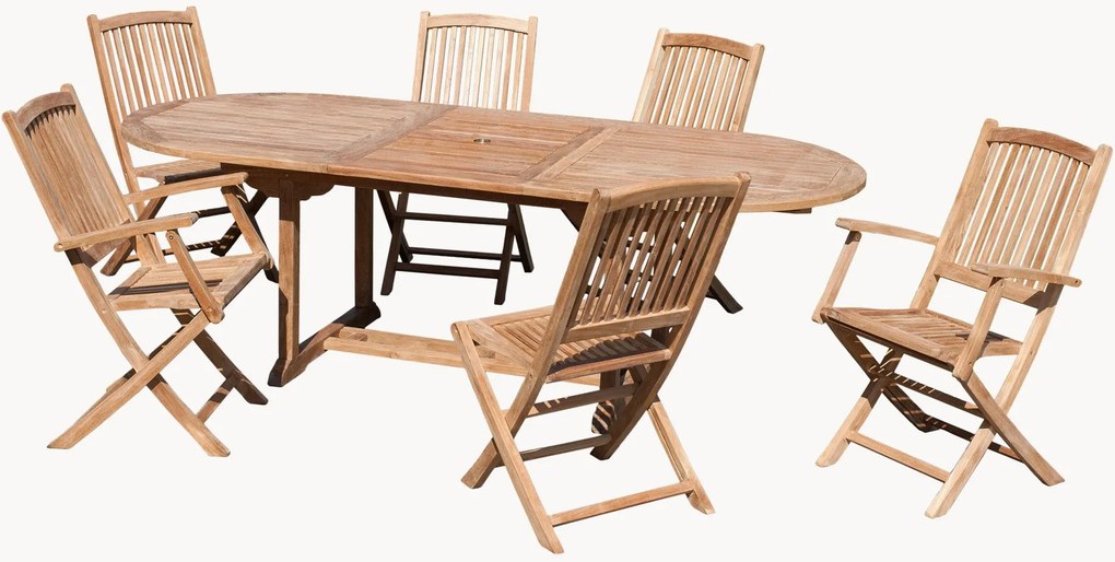 Conjunto de jantar para jardim em madeira de teca com orifício para guarda-sol Fun, conjunto de 7