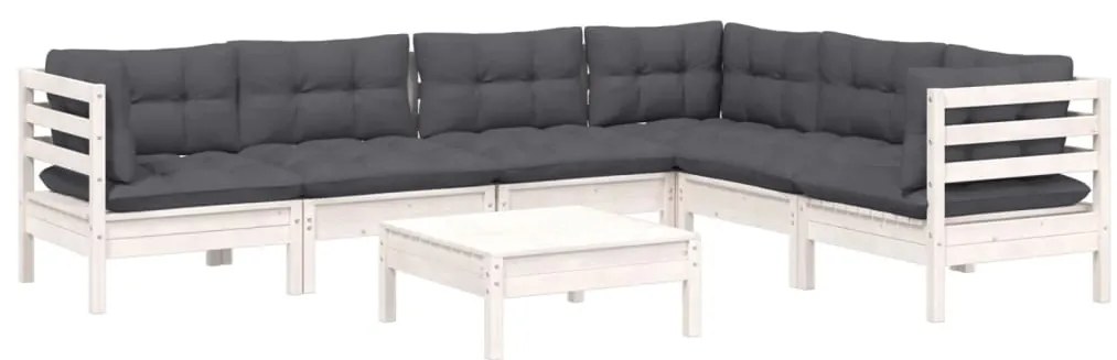 7 pcs conj. lounge de jardim c/ almofadões pinho maciço branco