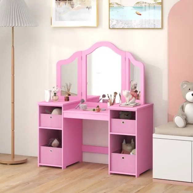 Toucador Princesa para crianças com 4 prateleiras grandes e espelho de plástico com 3 painéis Carga 100 kg 107 x 40 x 117 cm Rosa