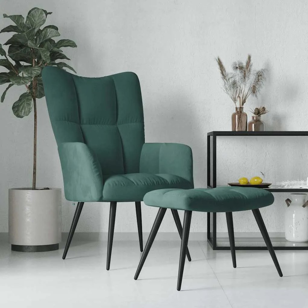 vidaXL Cadeira de descanso com banco veludo verde-escuro